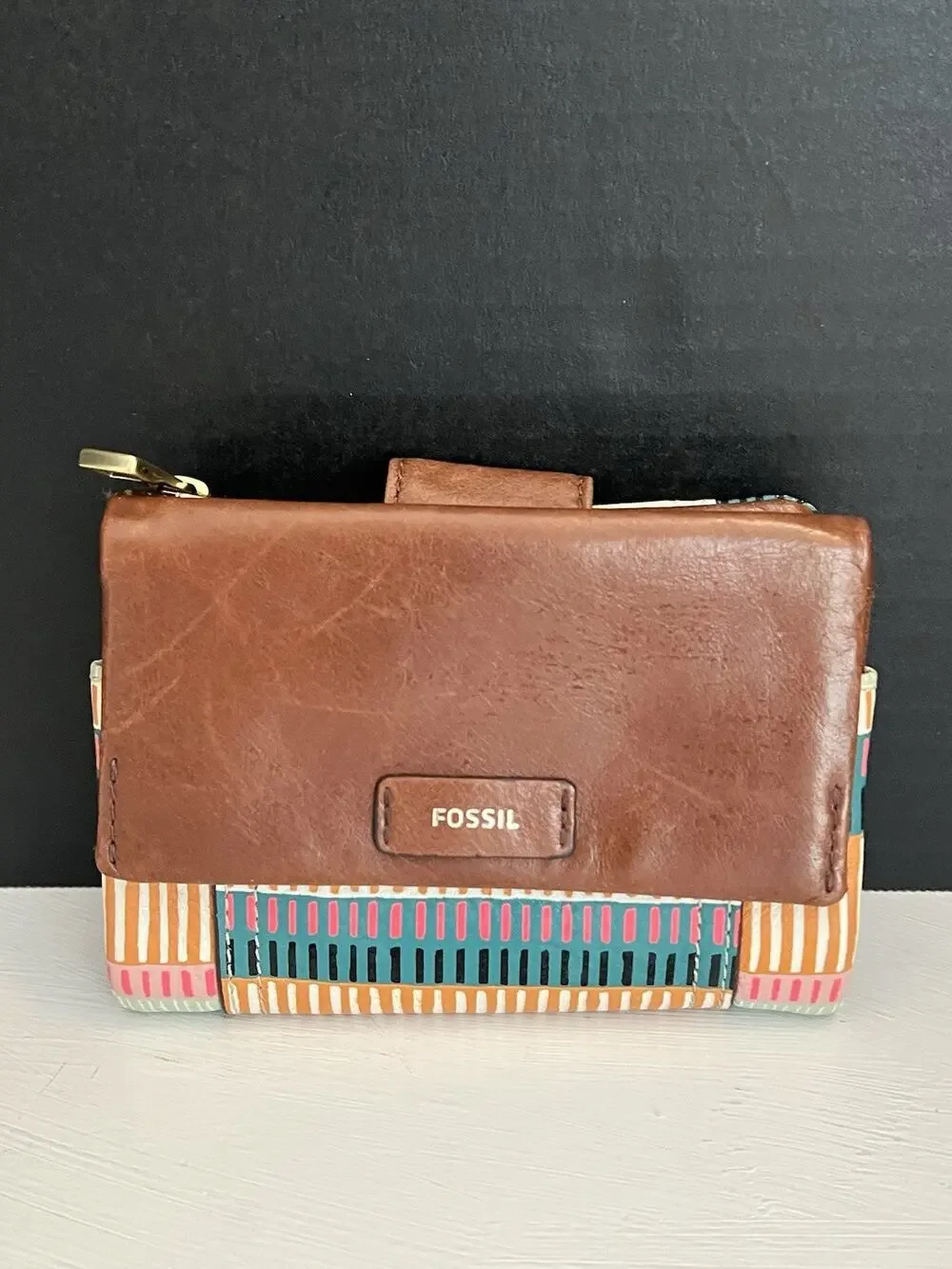 Fossil Ellis Wallet Brown Leather Multicolor Geometric Pattern 4x5 Trifold